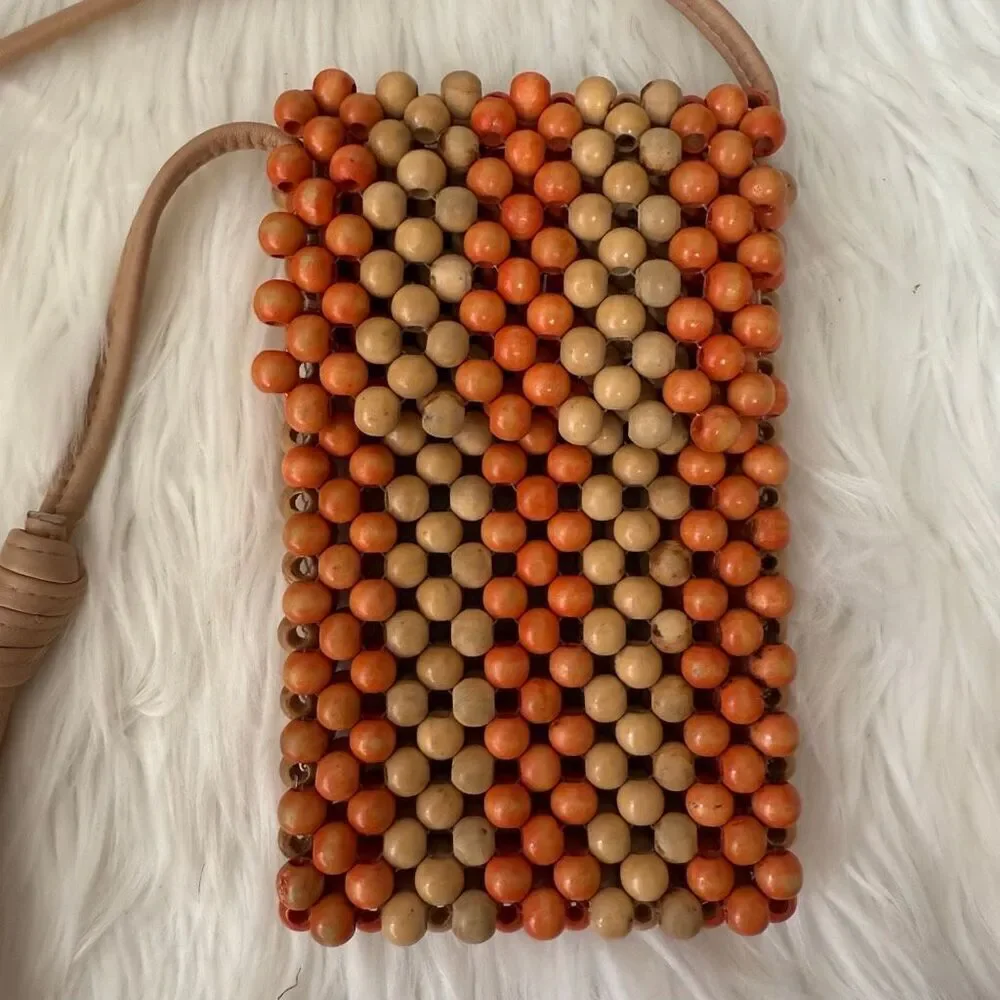 Vintage 1970s Bead Beaded Crossbody Purse Small